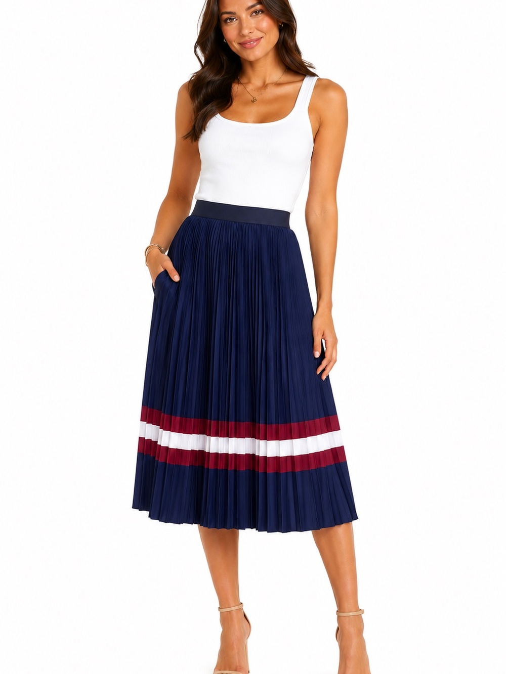 Dip Blue Pleated Midi Skirt with Stripes Size XL